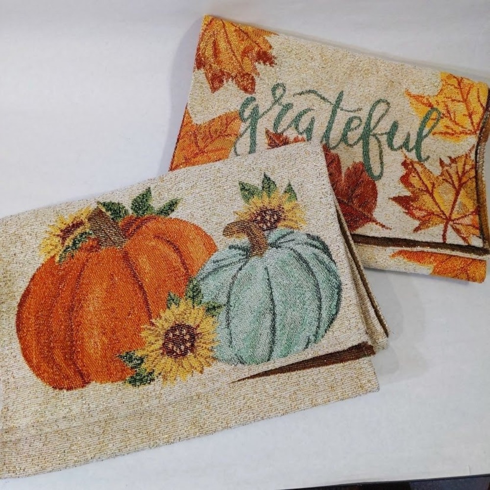 Set of 2 Fall Harvest Table Runners Gold Sparkle Pumpkin Grateful Leaves 70x12